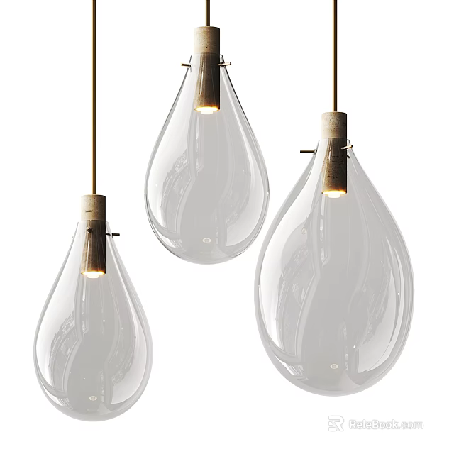 Three Teardrop Shaped Transparent Glass Ceiling Lights With Wooden Top Illuminated Modern Style 3d model 