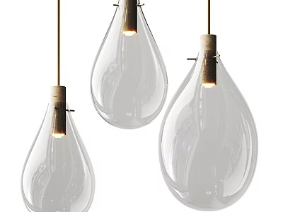 Three Teardrop Shaped Transparent Glass Ceiling Lights With Wooden Top Illuminated Modern Style 3d model