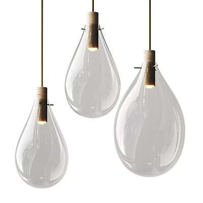 Three Teardrop Shaped Transparent Glass Ceiling Lights With Wooden Top Illuminated Modern Style 3d model