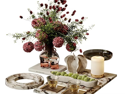 Decorative Ornament Set With Vase Flowers Shell Candle Tray And Marble Base 3d model