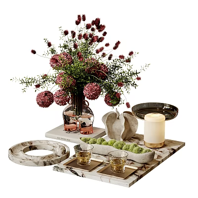 Decorative Ornament Set With Vase Flowers Shell Candle Tray And Marble Base 3d model