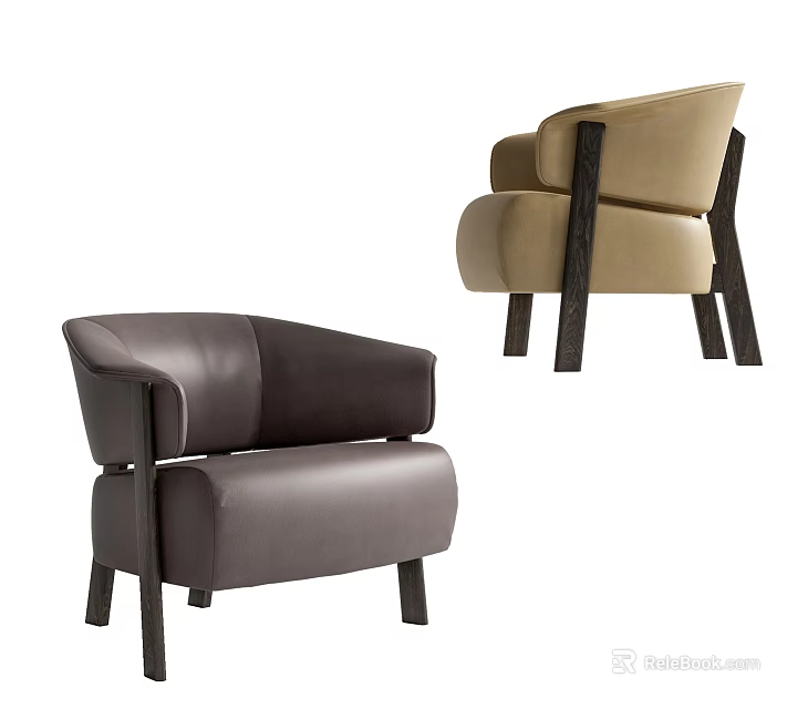 Modern Single Seater Sofa in Gray Leather and Beige Fabric with Dark Wooden Legs 3d model 