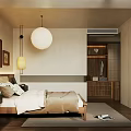 Cozy Modern Bedroom Interior With Wooden Bed Woven Headboard Hanging Lamps And Framed Paintings