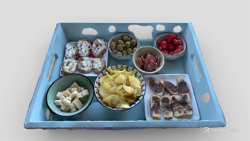 Assorted Food Platter With Olives Cherry Tomatoes Salami Cheese Cubes Potato Chips On Blue Tray 3d model 