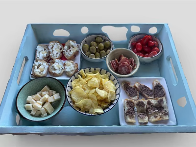 Assorted Food Platter With Olives Cherry Tomatoes Salami Cheese Cubes Potato Chips On Blue Tray 3d model