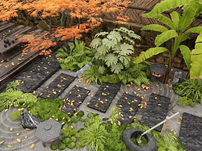 Japanese Garden Stepping Stones With Orange Maple Leaves Green Plants And Bamboo Fence 3d model