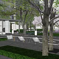 Modern Garden Landscape Featuring Lush Trees Trimmed Hedges Stone Paved Ground And Outdoor Seating