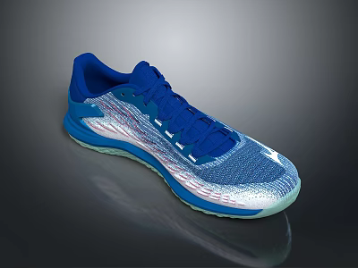 Blue And Silver Athletic Shoes With Knit Upper Green Sole And Red Accents 3d model