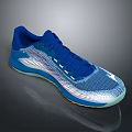 Blue And Silver Athletic Shoes With Knit Upper Green Sole And Red Accents
