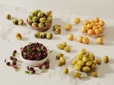 Assorted Fresh Fruits Including Cherries Pears And Apricots in Bowls And Plates On White Surface 3d model
