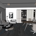Modern Office Interior Design With Sofa Desk Bookshelf Large Windows And Carpet 3d model