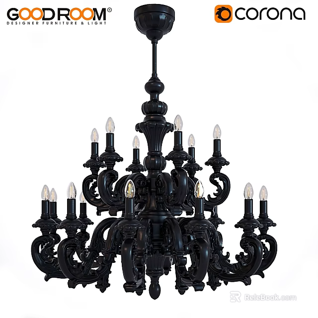 Black Classic Chandelier With Intricate Carvings And Multiple Candle Shaped Bulbs 3d model 