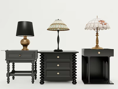 Three Black Bedside Tables with Different Stylish Lamps Drawer Storage and Unique Designs 3d model