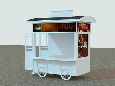 White Mobile Food Cart With Black Awning Transparent Display Window And Wheels 3d model