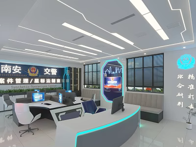 Traffic Police Case Management Command Room Modern Interior With Computers Large Screens And Office Desks 3d model