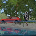 Red Car Parked By Swimming Pool With Palm Trees Green Plants And Water Reflection