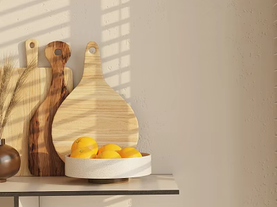 Sunlit Kitchen Shelf With Wooden Cutting Boards White Bowl And Lemons 3d model