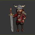 Cartoon Viking Warrior With Horned Helmet Red Beard And Small Creature Holding Sword