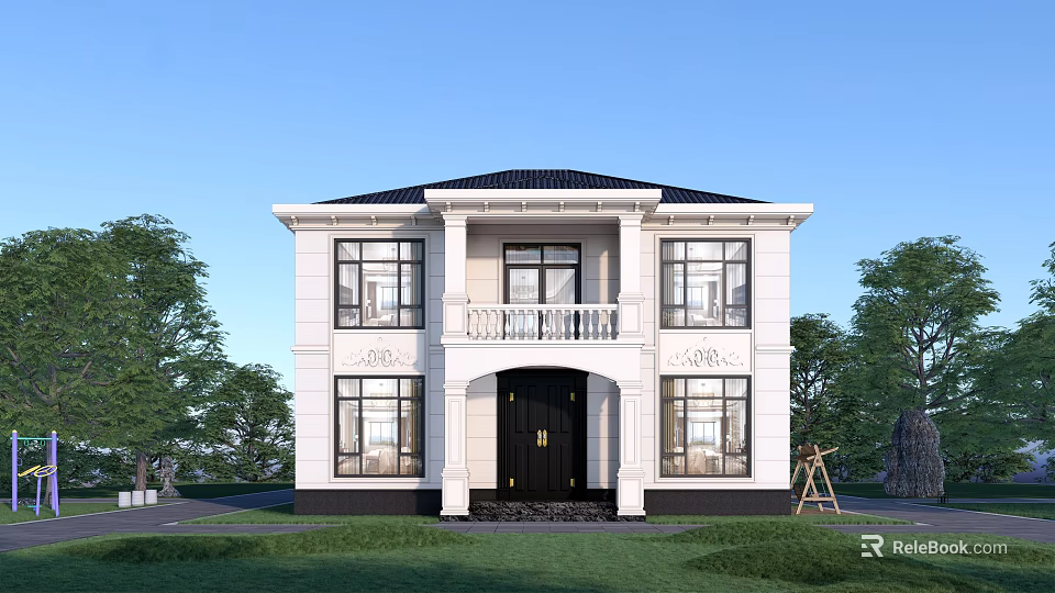 Detached Villa With White Exterior Black Roof Symmetrical Windows Black Door Balcony And Green Lawn 3d model 