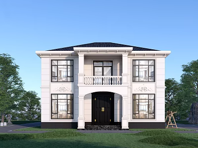 Detached Villa With White Exterior Black Roof Symmetrical Windows Black Door Balcony And Green Lawn 3d model