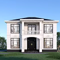 Detached Villa With White Exterior Black Roof Symmetrical Windows Black Door Balcony And Green Lawn