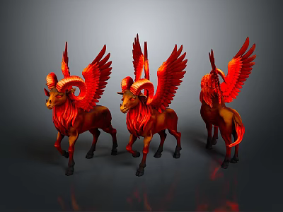 Three Red Winged Mythical Ram Like Creatures Displayed From Different Angles 3d model