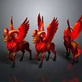 Three Red Winged Mythical Ram Like Creatures Displayed From Different Angles
