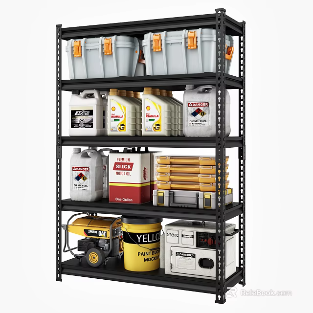 Organized Shelf With Storage Buckets Motor Oil Toolboxes Paint And Power Generators 3d model 