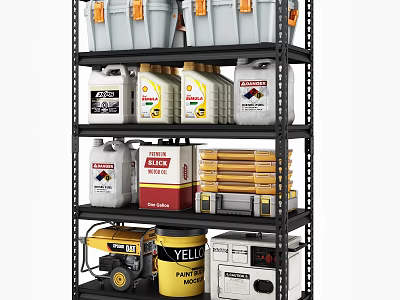 Organized Shelf With Storage Buckets Motor Oil Toolboxes Paint And Power Generators 3d model