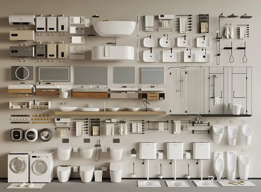 Modern Bathroom Fixtures Collection Featuring Sinks Tubs Toilets And Cabinets 3d model 