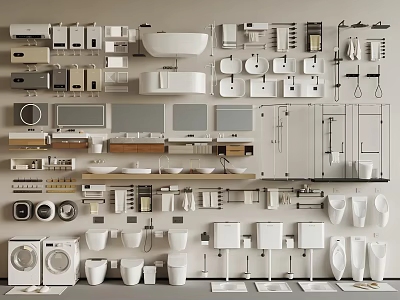 Modern Bathroom Fixtures Collection Featuring Sinks Tubs Toilets And Cabinets 3d model