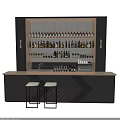 Modern Bar Counter With Wooden Top Black Cabinetry Hanging Wine Bottles Glassware And Bar Stools