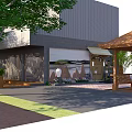 Courtyard Garden With White Pergola Picket Gate Orange Planters Purple White Flowers and Brick Pavement