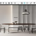 Sleek Oval Wooden Dining Table and Chairs Set with Metal Frame and Hanging Pendant Light