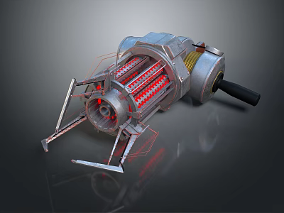 Futuristic Mechanical Weapon With Silver Metal Frame Red Glowing Internal Components And Rotating Support Legs 3d model