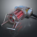 Futuristic Mechanical Weapon With Silver Metal Frame Red Glowing Internal Components And Rotating Support Legs