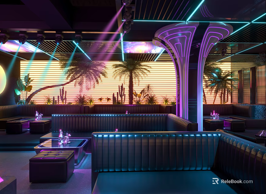 Modern Bar Interior With Neon Lights Palm Trees And Leather Sofas 3d model 