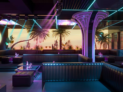 Modern Bar Interior With Neon Lights Palm Trees And Leather Sofas 3d model
