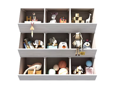Stuffed Dolls and Toys Neatly Arranged in Multi Compartment Wooden Storage Shelf 3d model