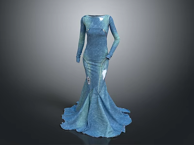 Blue Mermaid Style Long Sleeve Dress With Shimmering Fabric And Elegant Floor Length Design 3d model