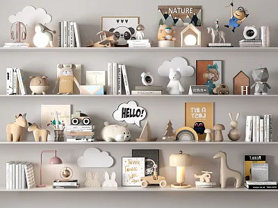 Elegant Ornament Decor Set with Animal Figurines Cloud Decor Mini Houses Art Prints Camera on Shelves 3d model