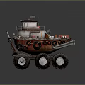 Vintage Steam Powered Water Vehicle With Large Wheels And Red Cargo Storage Boxes