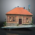 Ancient Building Model With Red Tile Roof Stone Base And Decorative Details