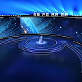 Modern Stage Design With Blue Lighting Circular Platform Large Screens Displaying Innovation Openness Inclusiveness Progress