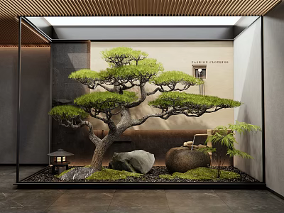 Modern Indoor Landscape With Bonsai Pine Tree Stone Lantern Moss And Decorative Wall 3d model