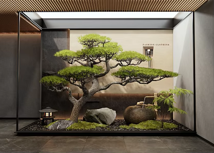 New Chinese Style Indoor Landscape Water Bowl Waterscape Stone Pine Rohan Pine Patio Landscaping 3d model