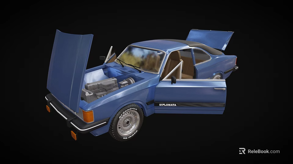 Blue Spirit Car With Open Doors And Hood Revealing Engine And Interior Details 3d model 