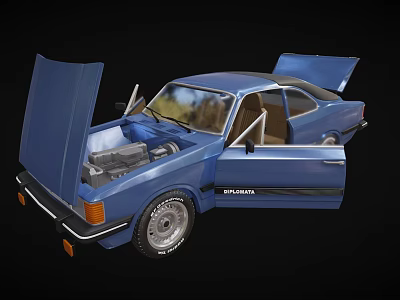 Blue Spirit Car With Open Doors And Hood Revealing Engine And Interior Details 3d model