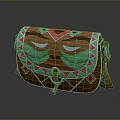 Brown Leather Crossbody Bag With Green Red Geometric Mask Design And Metal Buckle