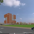 Modern Orange School Building With Glass Facade Green Lawn And Campus Surroundings